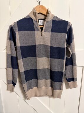Faze 1 Boy’s Quarter Zip Buffalo Check Sweater Navy & Tan Large 14/16